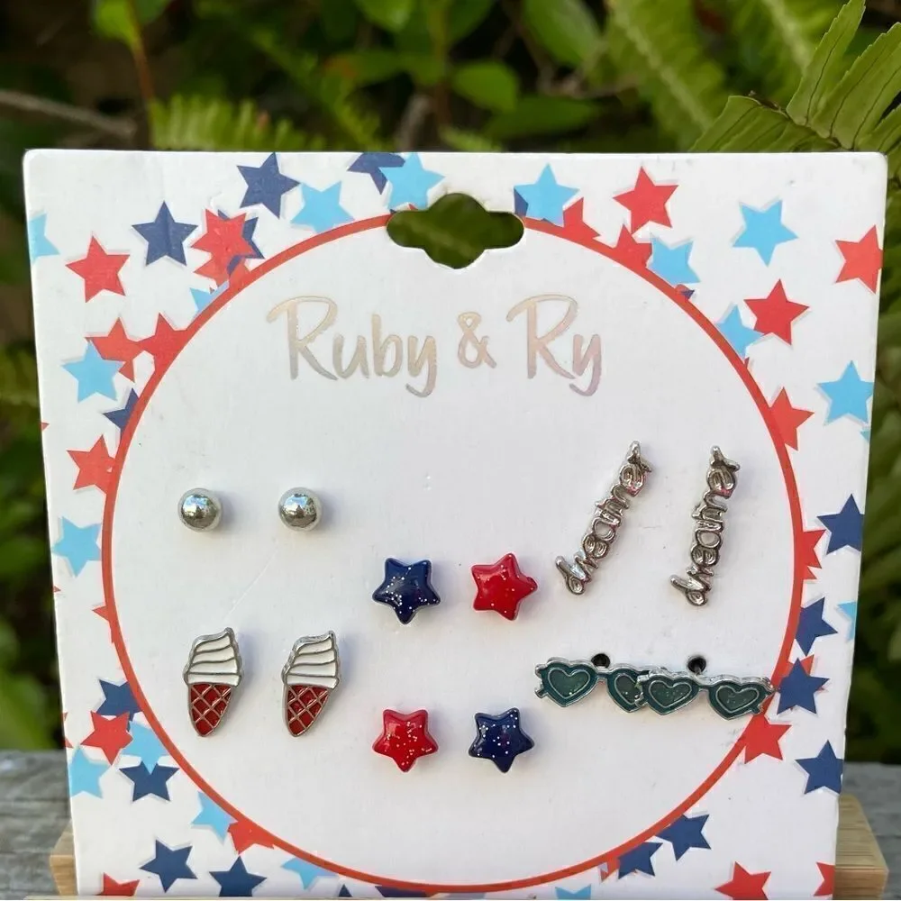 New Ruby & Ry Kids Set of Six 6 Assorted Red/White/Blue Earrings Patriotic USA